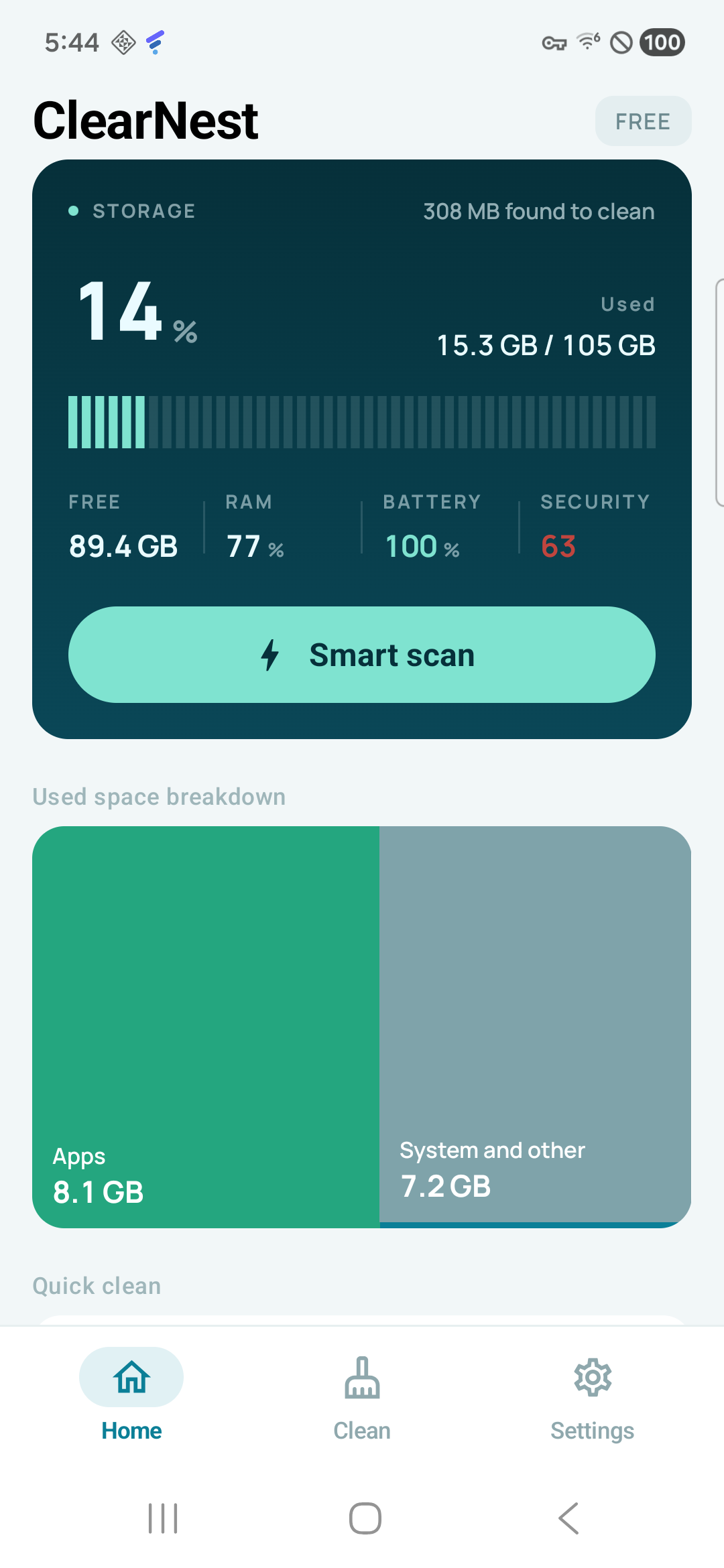 ClearNest dashboard showing storage used and space found to clean
