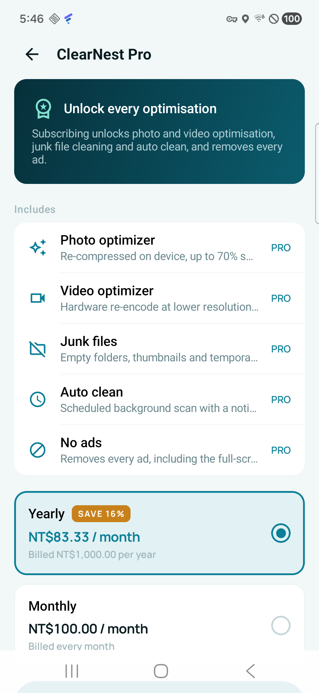ClearNest Pro monthly and yearly subscription options