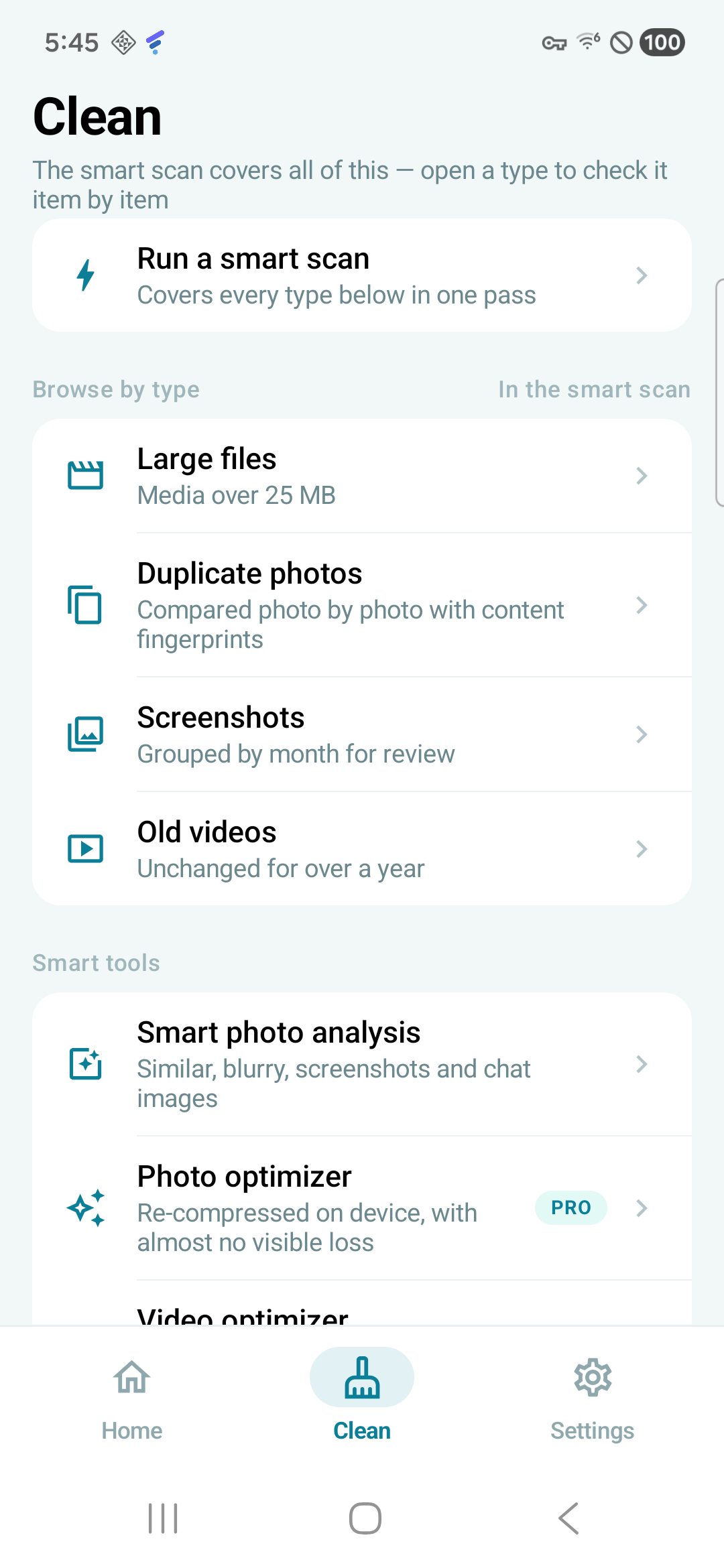 ClearNest smart scan screen listing cleanup categories